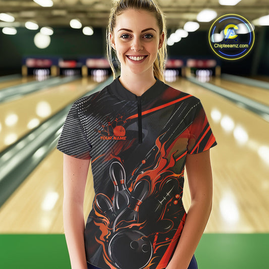 Custom Black And Orange Flame Bowling Team Women Quarter-Zip Shirts, Fire Bowling Jerseys IPHW9780