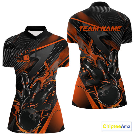 Custom Black And Orange Flame Bowling Team Women Quarter-Zip Shirts, Fire Bowling Jerseys IPHW9780