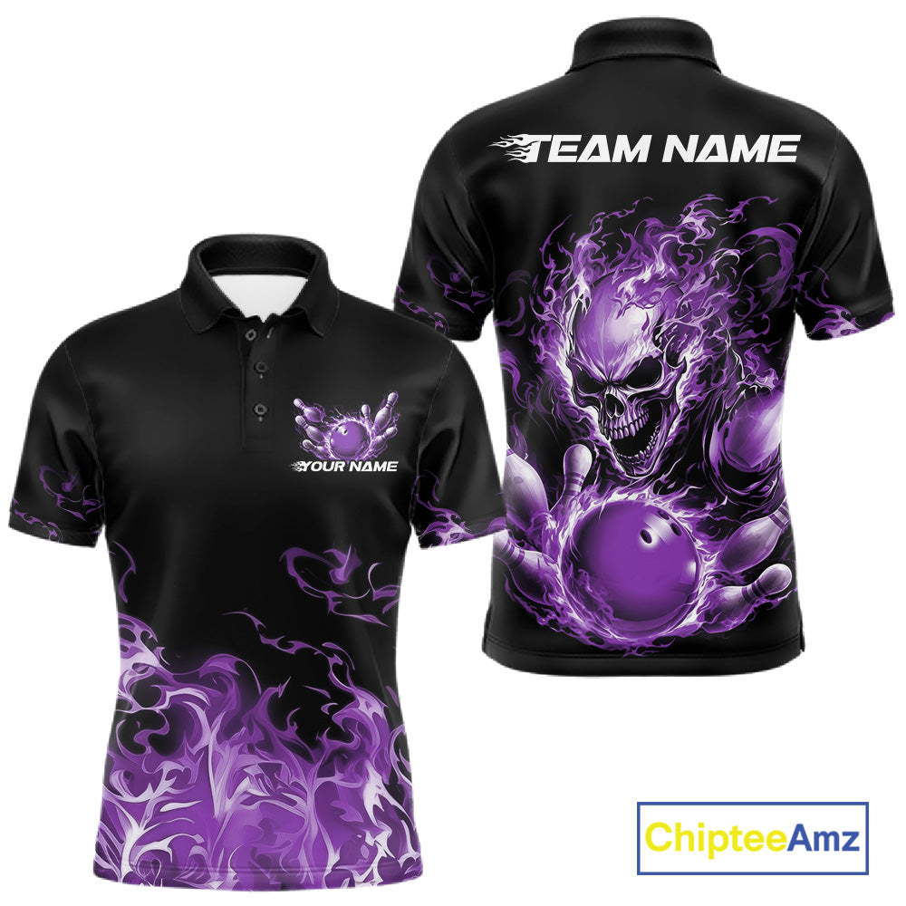 Front and back views of a black bowling polo with purple flame graphics, a skull holding a purple bowling ball, and customizable name and team text.