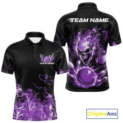 Front and back views of a black bowling polo with purple flame graphics, a skull holding a purple bowling ball, and customizable name and team text.