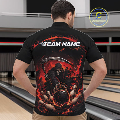 Male model shown from the front wearing a black and red bowling quarter zip shirt with a grim reaper reaching through swirling flames to command a blazing bowling ball striking scattered pins in a bowling lane.