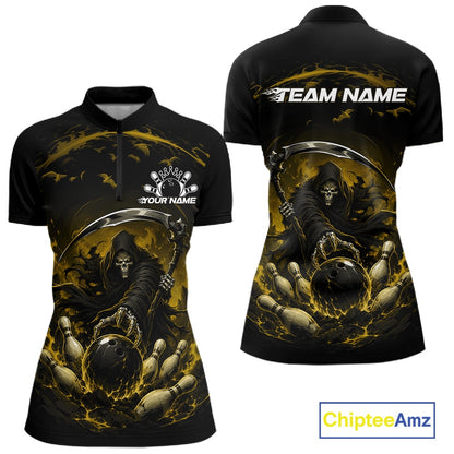 Front and back view of a women's bowling quarter zip mockup featuring a grim reaper commanding a blazing bowling ball crashing through scattered pins amid swirling flames on a black and yellow shirt.