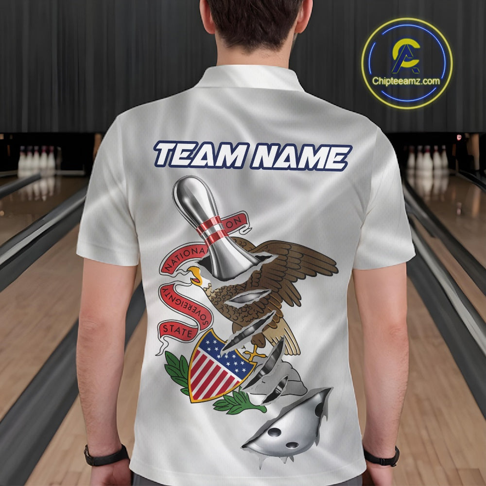 Custom Illinois State Flag Silver Bowling Ball And Pin Patriotic Bowling Shirts For Men IPHW10591