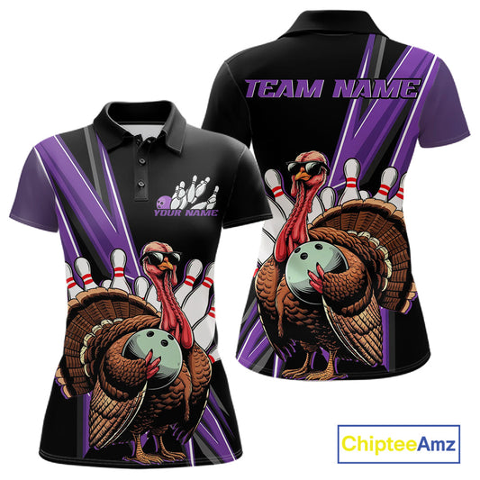 Black And Purple Custom Funny Turkey Bowling Women Shirts, Bowling League Team Shirt IPHW10802