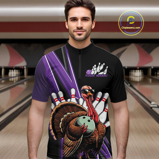 Black And Purple Custom Funny Turkey Bowling Men Shirts, Bowling League Team Shirt IPHW10802