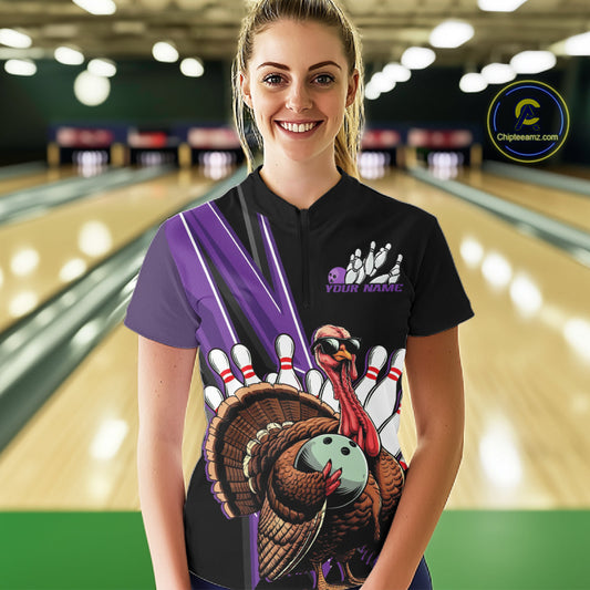 Black And Purple Custom Funny Turkey Bowling Women Shirts, Bowling League Team Shirt IPHW10802