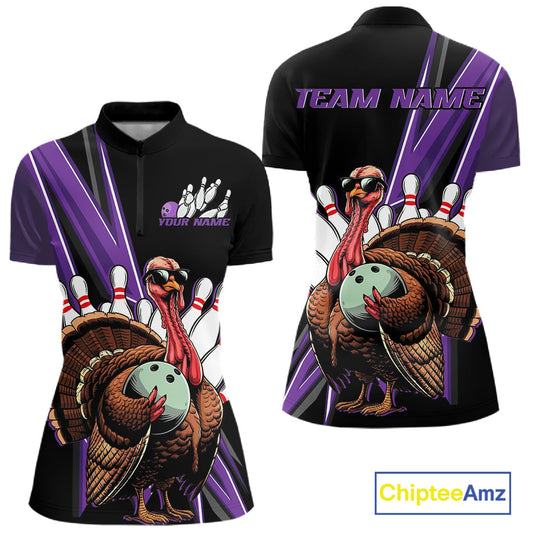 Black And Purple Custom Funny Turkey Bowling Women Shirts, Bowling League Team Shirt IPHW10802