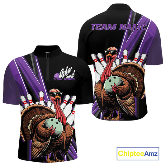Black And Purple Custom Funny Turkey Bowling Men Shirts, Bowling League Team Shirt IPHW10802