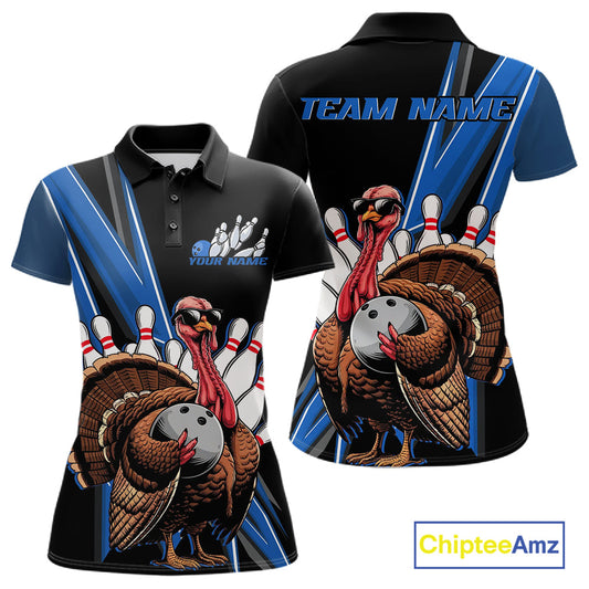 Black And Blue Custom Funny Turkey Bowling Women Shirts, Bowling League Team Shirt IPHW10804