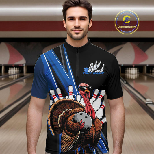 Black And Blue Custom Funny Turkey Bowling Men Shirts, Bowling League Team Shirt IPHW10804