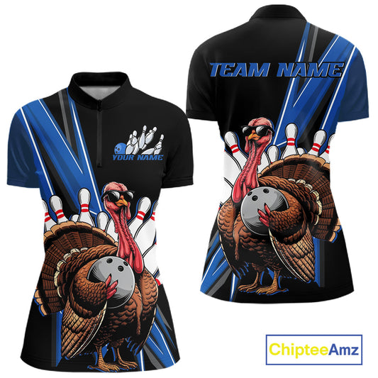 Black And Blue Custom Funny Turkey Bowling Women Shirts, Bowling League Team Shirt IPHW10804
