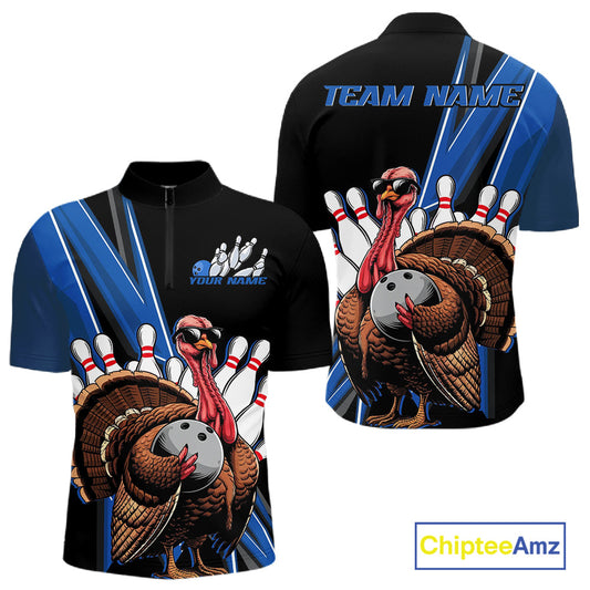 Black And Blue Custom Funny Turkey Bowling Men Shirts, Bowling League Team Shirt IPHW10804