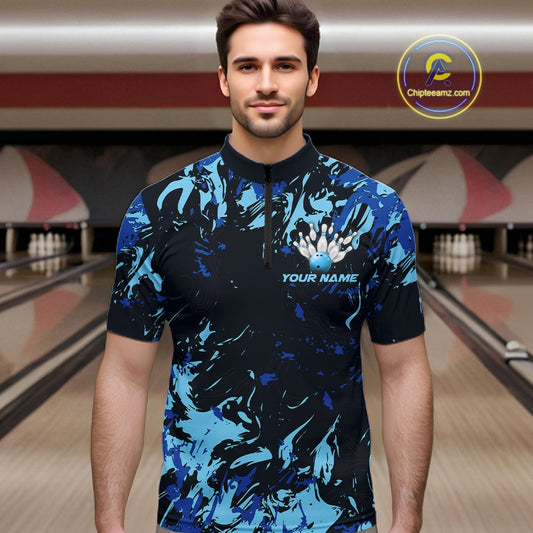 Custom Blue Camo Men Bowling League Shirt, Bowlers Jerseys Bowling Tournament Outfit IPHW10617