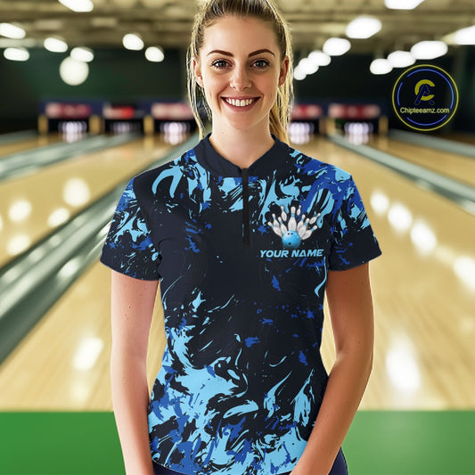 Custom Blue Camo Women Bowling League Shirt, Bowlers Jerseys Bowling Tournament Outfit IPHW10617