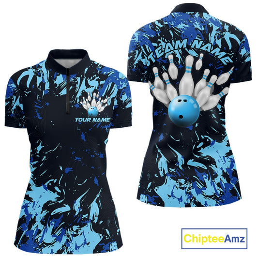 Custom Blue Camo Women Bowling League Shirt, Bowlers Jerseys Bowling Tournament Outfit IPHW10617
