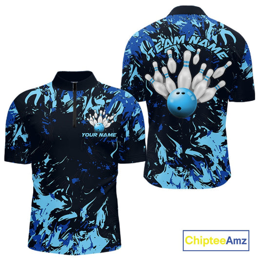 Custom Blue Camo Men Bowling League Shirt, Bowlers Jerseys Bowling Tournament Outfit IPHW10617