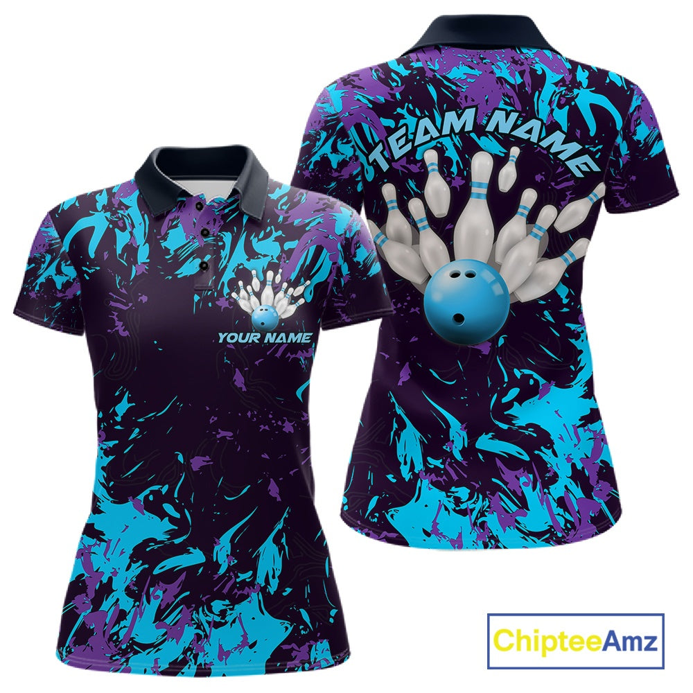 Custom Blue And Purple Camo Women Bowling League Shirt, Bowlers Jerseys Tournament Outfit IPHW10618