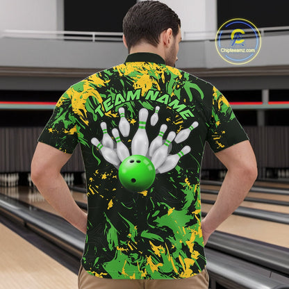 Custom Green And Yellow Camo Men Bowling League Shirt, Bowlers Jerseys Tournament Outfit IPHW10620