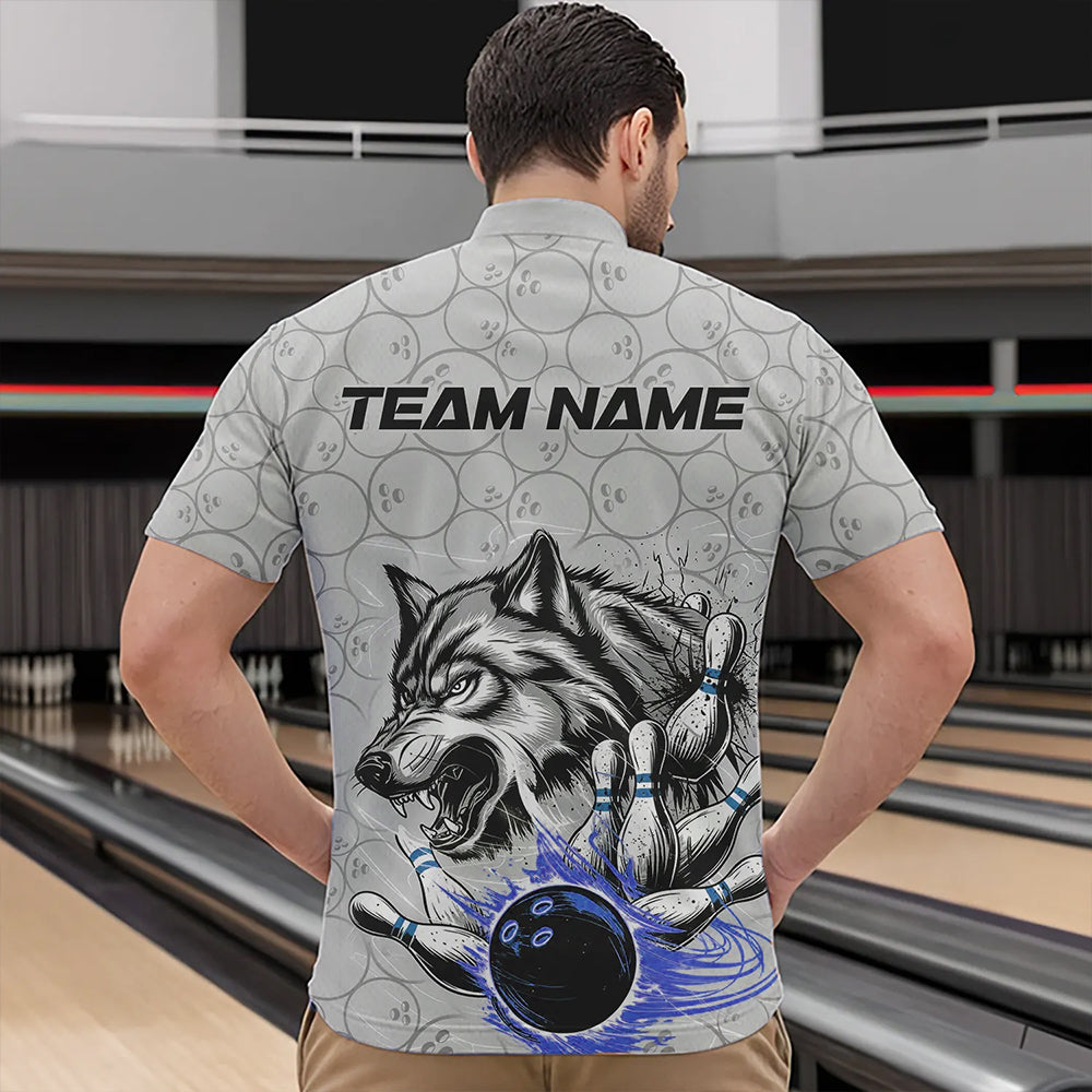 Custom Gray And Blue Wolf Bowling Quarter-Zip Shirts For Men, Wolf Bowling Tournament Shirt IPHW8718