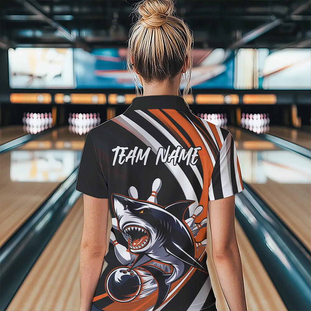 Custom Black And Orange Shark Bowling Polo Shirts For Women,  Shark Bowling Team Jerseys IPHW8723