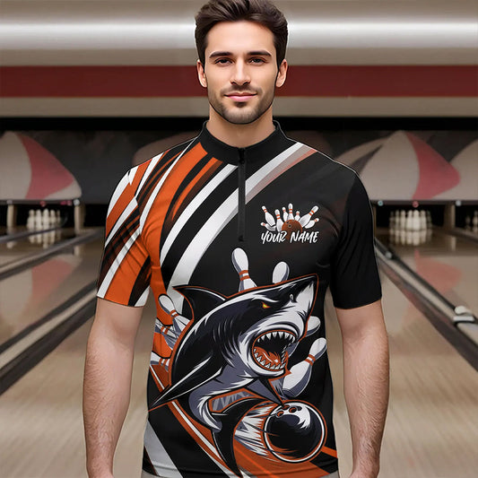 Custom Black And Orange Shark Bowling Quarter-Zip Shirts For Men,  Shark Bowling Team Jerseys IPHW8723