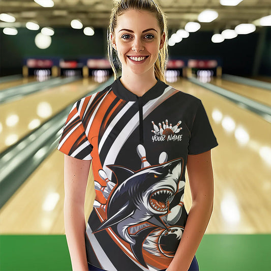 Custom Black And Orange Shark Bowling Women Quarter-Zip Shirts,  Shark Bowling Team Jerseys IPHW8723