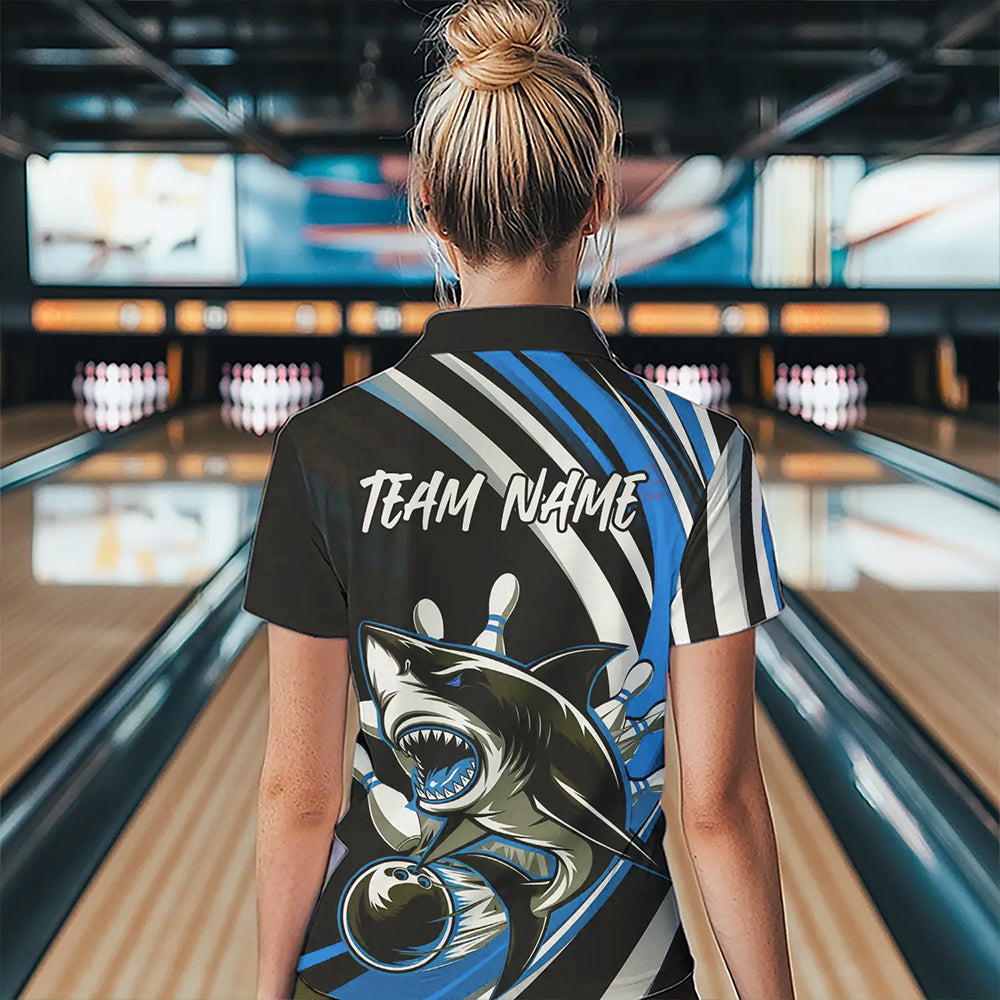 Custom Black And Blue Shark Bowling Polo Shirts For Women,  Shark Bowling Team Jerseys IPHW8724