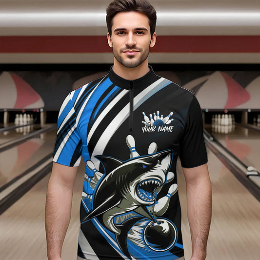 Custom Black And Blue Shark Bowling Quarter-Zip Shirts For Men,  Shark Bowling Team Jerseys IPHW8724