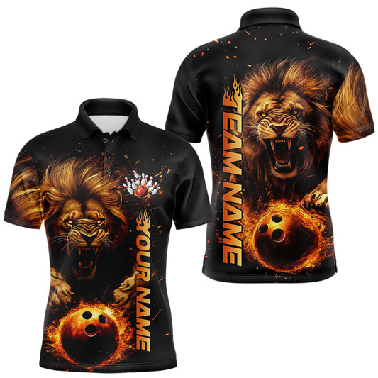 Custom Fire Flame Lion Bowling Team Polo Shirts For Men, Lion Bowling Tournament Shirt IPHW8979