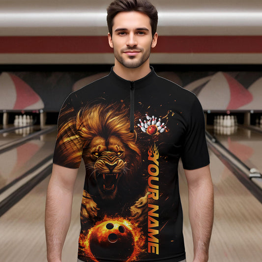 Custom Fire Flame Lion Bowling Team Quarter-Zip Shirts For Men, Lion Bowling Tournament Shirt IPHW8979