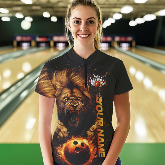 Custom Fire Flame Lion Bowling Team Quarter-Zip Shirt For Women, Bowling Tournament Shirt IPHW8979