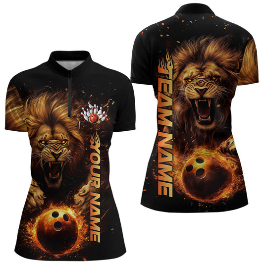 Custom Fire Flame Lion Bowling Team Quarter-Zip Shirt For Women, Bowling Tournament Shirt IPHW8979