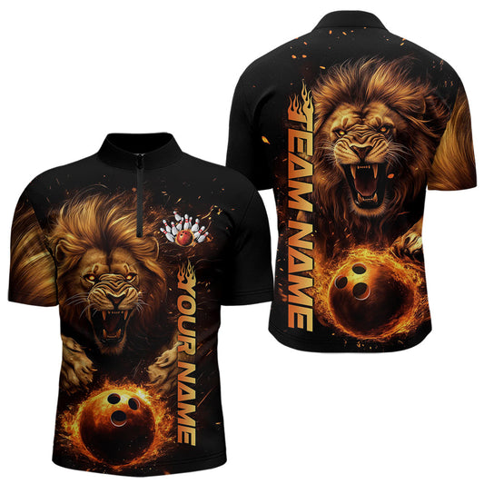 Custom Fire Flame Lion Bowling Team Quarter-Zip Shirts For Men, Lion Bowling Tournament Shirt IPHW8979