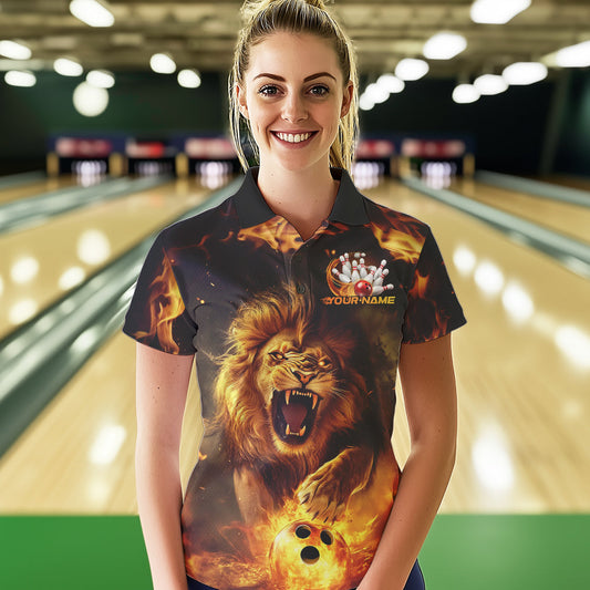 Custom Fire Flame Lion Bowling Polo Shirts For Women, Bowling League Shirt Team Uniform IPHW8980