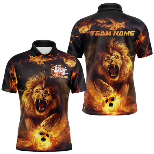 Custom Fire Flame Lion Bowling Polo Shirts For Men, Bowling League Shirt Team Uniform IPHW8980