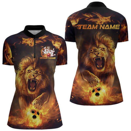 Custom Fire Flame Lion Bowling Quarter-Zip Shirts For Women, Bowling Team Uniform IPHW8980