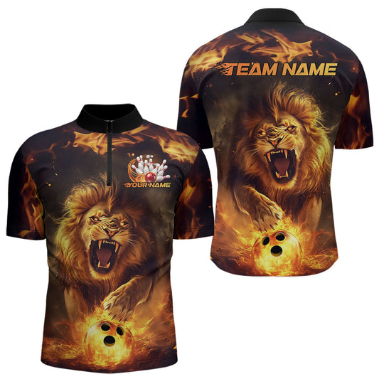 Custom Fire Flame Lion Bowling Quarter-Zip Shirts For Men, Bowling League Shirt Team Uniform IPHW8980