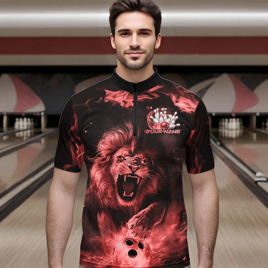 Custom Red Flame Lion Bowling Quarter-Zip Shirts For Men, Bowling League Shirt Team Uniform IPHW8981