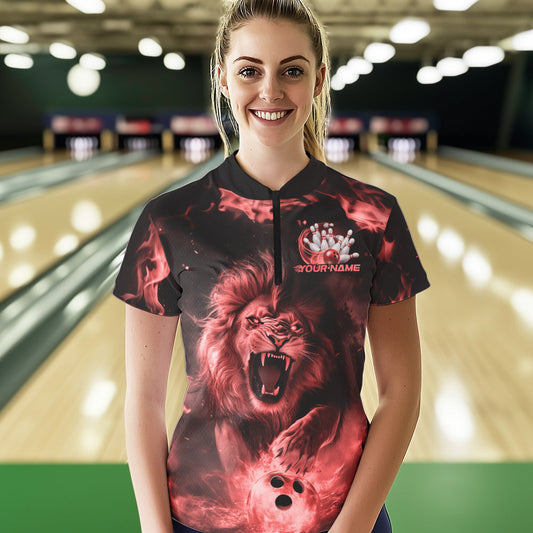 Custom Red Flame Lion Bowling Quarter-Zip Shirts For Women, Bowling Team Uniform IPHW8981