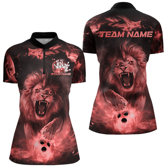 Custom Red Flame Lion Bowling Quarter-Zip Shirts For Women, Bowling Team Uniform IPHW8981