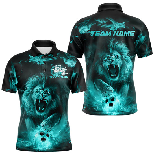 Custom Blue Flame Lion Bowling Polo Shirts For Men, Bowling League Shirt Team Uniform IPHW8982