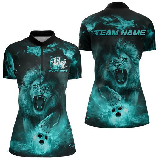 Custom Blue Flame Lion Bowling Quarter-Zip Shirts For Women, Bowling Team Uniform IPHW8982