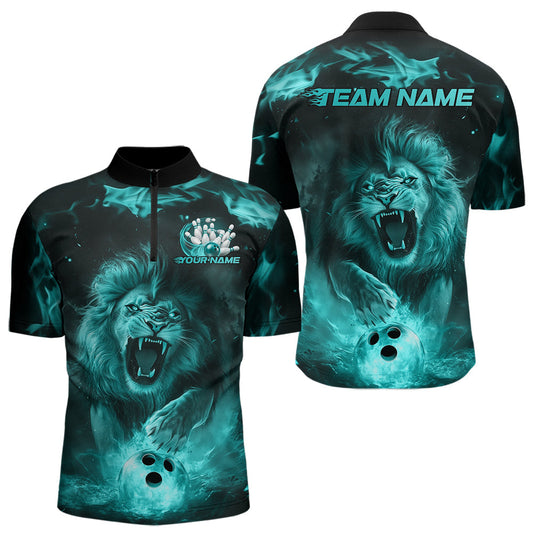 Custom Blue Flame Lion Bowling Quarter-Zip Shirts For Men, Bowling League Shirt Team Uniform IPHW8982