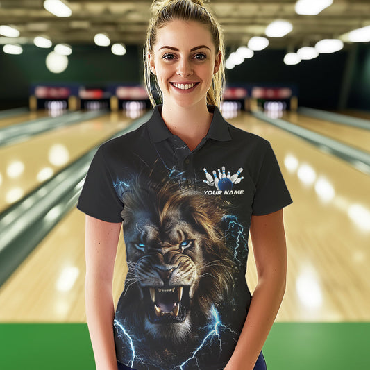 Custom Blue Thunder Lightning Lion Bowling Team Women Polo Shirts, Bowling League Shirt IPHW8985