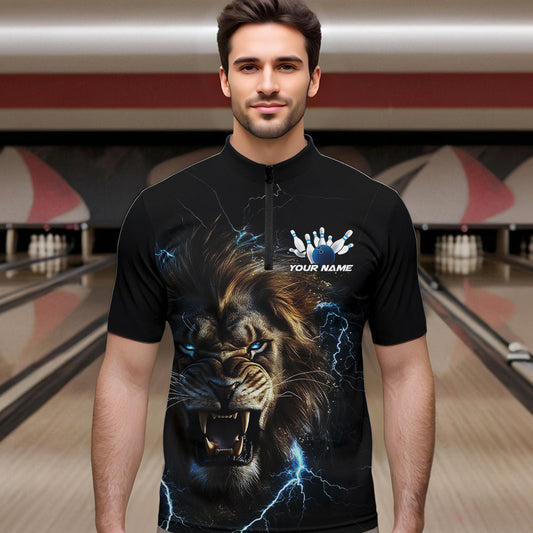 Custom Blue Thunder Lightning Lion Bowling Team Men Quarter-Zip Shirts, Lion Bowling League Shirt IPHW8985
