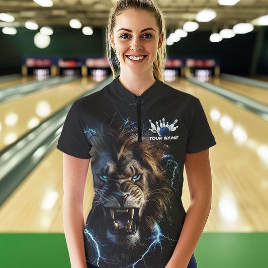 Custom Blue Thunder Lightning Lion Bowling Women Quarter-Zip Shirts, Bowling League Shirt IPHW8985