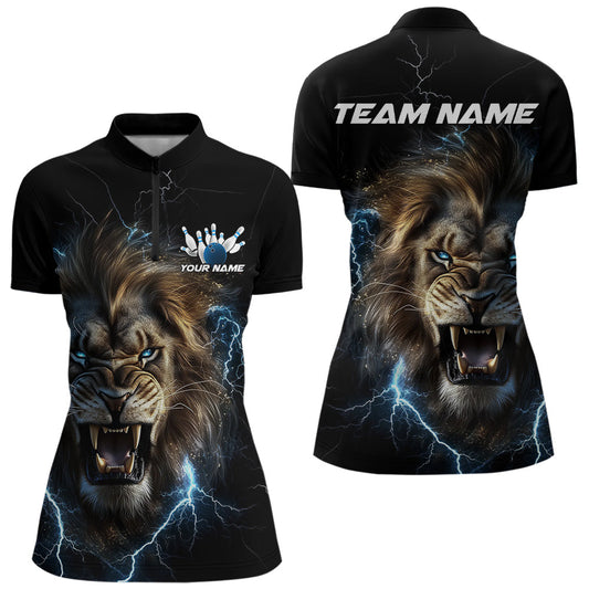 Custom Blue Thunder Lightning Lion Bowling Women Quarter-Zip Shirts, Bowling League Shirt IPHW8985