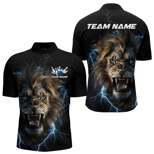 Custom Blue Thunder Lightning Lion Bowling Team Men Quarter-Zip Shirts, Lion Bowling League Shirt IPHW8985