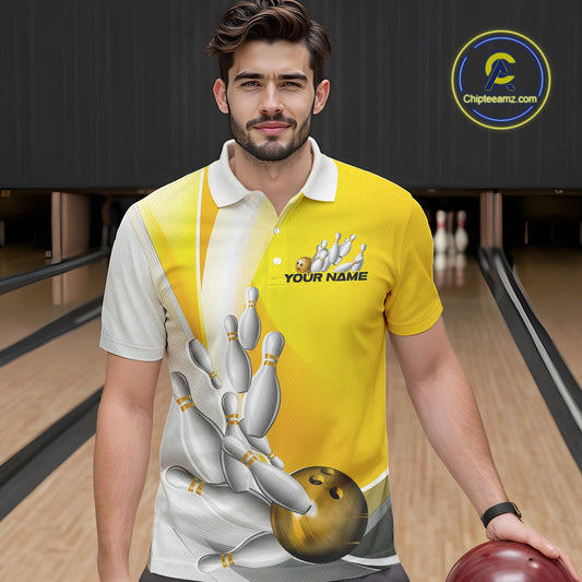 Custom Gold Bowling Polo Shirts For Men, Bowling Team Shirt Bowlers Outfit IPHW9230