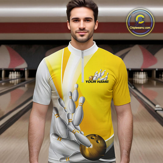Custom Gold Bowling Quarter-Zip Shirts For Men, Bowling Team Shirt Bowlers Outfit IPHW9230